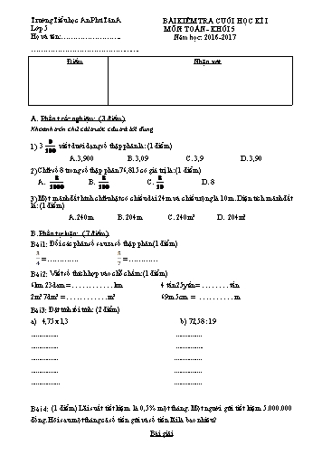Bài kiểm tra cuối học kì I môn Toán Khối 5 - Năm học 2016-2017 - Trường Tiểu học An Phú Tân A (Có đáp án)