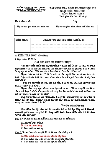 Bài kiểm tra định kì cuối học kì I môn Tiếng Việt 5 - Năm học 2016-2017 - Trường Tiểu học Kỳ Phú (Có đáp án)