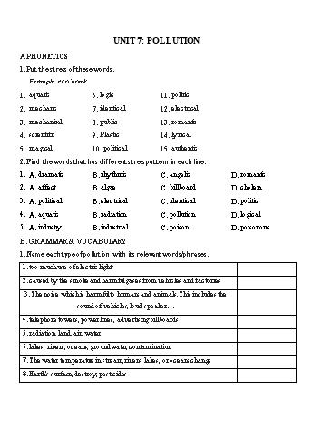 Bài tập ôn tập môn Tiếng Anh Lớp 8 - Unit 7: Pollution