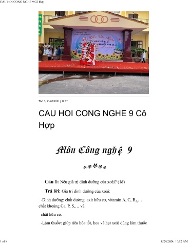 Câu hỏi ôn tập môn Công nghệ Lớp 9 - Năm học 2020-2021 - Trường THCS Lạc Vệ