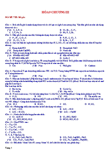Đề kiểm tra chương III môn Hóa học Lớp 9