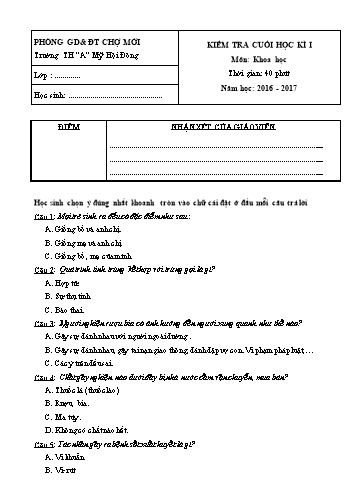 Đề kiểm tra cuối học kì I môn Khoa học Lớp 5 - Năm học 2016-2017 - Trường Tiểu học A Mỹ Hội Đông (Có đáp án)