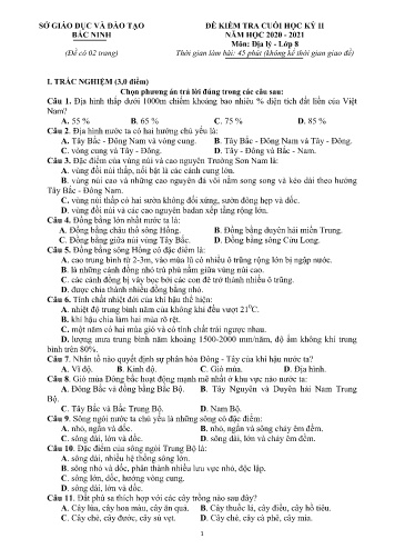 Đề kiểm tra cuối học kỳ II môn Địa lý Lớp 8 - Năm học 2020-2021 - Sở GD&ĐT Bắc Ninh (Có đáp án)