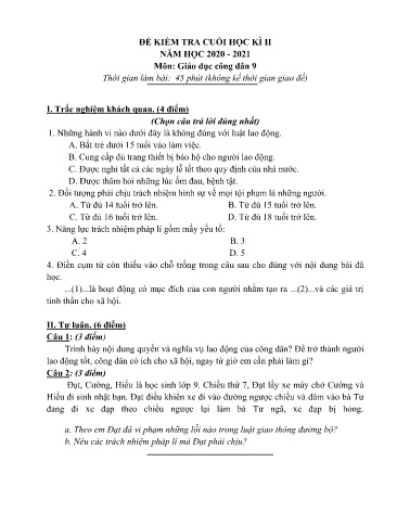 Đề kiểm tra cuối học kỳ II môn GDCD Lớp 9 - Năm học 2020-2021 (Có đáp án)