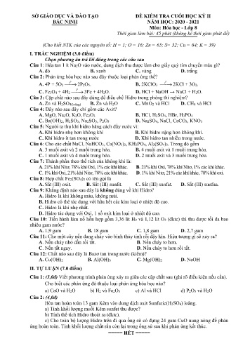 Đề kiểm tra cuối học kỳ II môn Hóa học Lớp 8 - Năm học 2020-2021 - Sở GD&ĐT Bắc Ninh (Có đáp án)