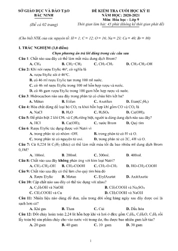 Đề kiểm tra cuối học kỳ II môn Hóa học Lớp 9 - Năm học 2020-2021 - Sở GD&ĐT Bắc Ninh (Có đáp án)