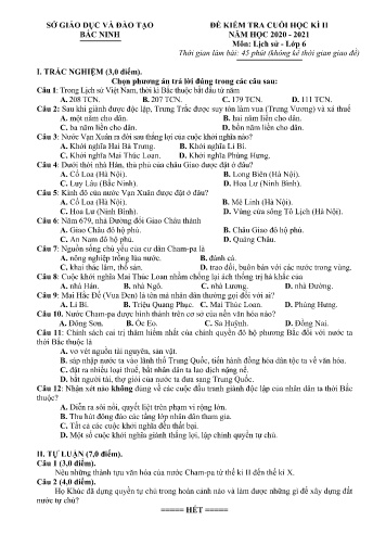 Đề kiểm tra cuối học kỳ II môn Lịch sử Lớp 6 - Năm học 2020-2021 - Sở GD&ĐT Bắc Ninh (Có đáp án)