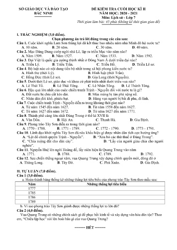 Đề kiểm tra cuối học kỳ II môn Lịch sử Lớp 7 - Năm học 2020-2021 - Sở GD&ĐT Bắc Ninh (Có đáp án)