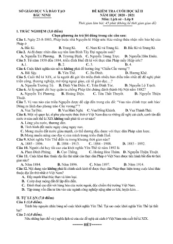 Đề kiểm tra cuối học kỳ II môn Lịch sử Lớp 8 - Năm học 2020-2021 - Sở GD&ĐT Bắc Ninh (Có đáp án)
