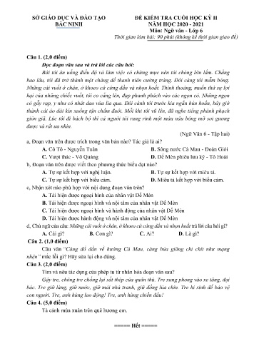 Đề kiểm tra cuối học kỳ II môn Ngữ văn Lớp 6 - Năm học 2020-2021 - Sở GD&ĐT Bắc Ninh (Có đáp án)