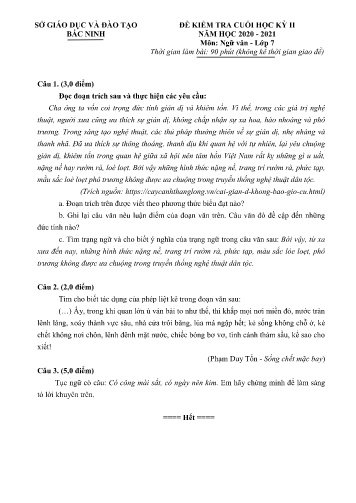 Đề kiểm tra cuối học kỳ II môn Ngữ văn Lớp 7 - Năm học 2020-2021 - Sở GD&ĐT Bắc Ninh (Có đáp án)