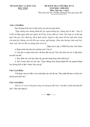 Đề kiểm tra cuối học kỳ II môn Ngữ văn Lớp 8 - Năm học 2020-2021 - Sở GD&ĐT Bắc Ninh (Có đáp án)