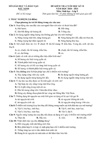 Đề kiểm tra cuối học kỳ II môn Sinh học Lớp 9 - Năm học 2020-2021 - Sở GD&ĐT Bắc Ninh (Có đáp án)