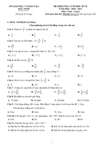 Đề kiểm tra cuối học kỳ II môn Toán Lớp 6 - Năm học 2020-2021 - Sở GD&ĐT Bắc Ninh (Có đáp án)