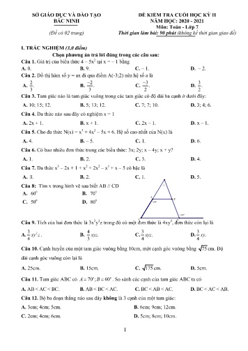Đề kiểm tra cuối học kỳ II môn Toán Lớp 7 - Năm học 2020-2021 - Sở GD&ĐT Bắc Ninh (Có đáp án)