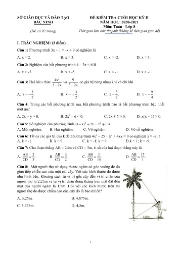 Đề kiểm tra cuối học kỳ II môn Toán Lớp 8 - Năm học 2020-2021 - Sở GD&ĐT Bắc Ninh (Có đáp án)
