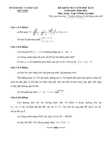 Đề kiểm tra cuối học kỳ II môn Toán Lớp 9 (Phần tự luận) - Năm học 2020-2021 - Sở GD&ĐT Bắc Ninh (Có đáp án)