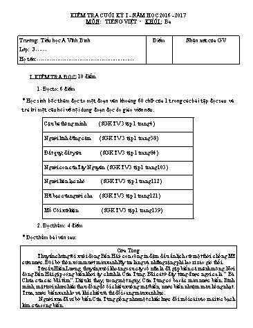 Đề kiểm tra cuối kỳ I môn Tiếng Việt Lớp 3 - Năm học 2016-2017 - Trường tiểu học A Vĩnh Bình (Có đáp án)