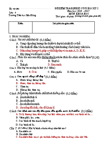 Đề kiểm tra định kì cuối học kỳ I môn Khoa học Lớp 4 - Năm học 2016-2017 - Trường Tiểu học Mai Động (Có đáp án)