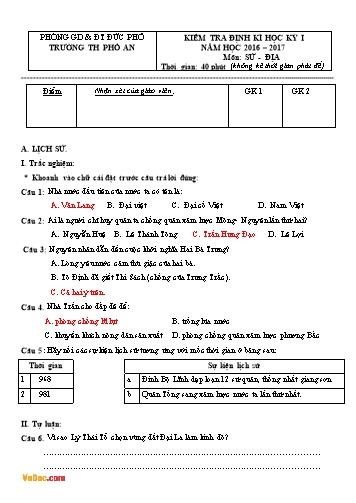 Đề kiểm tra định kì học kỳ I môn Lịch sử và Địa lí Lớp 4 - Năm học 2016-2017 - Trường Tiểu học Phổ An (Có đáp án)