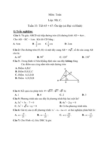 Đề ôn tập môn Toán Lớp 9 - Tuần 33