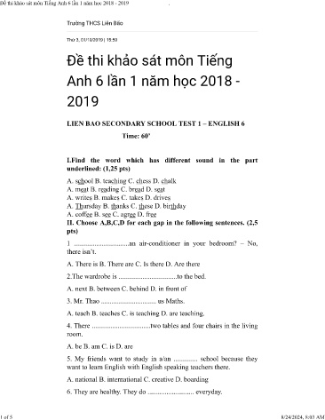 Đề thi khảo sát môn Tiếng Anh Lớp 6 (Lần 1) - Năm học 2018-2019 - Trường THCS Liên Bão (Có đáp án)