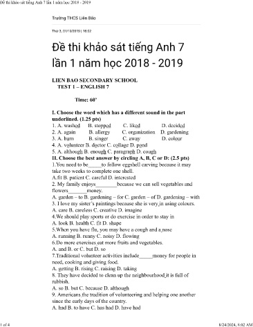 Đề thi khảo sát môn Tiếng Anh Lớp 7 (Lần 1) - Năm học 2018-2019 - Trường THCS Liên Bão (Có đáp án)