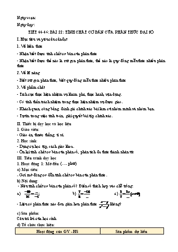 Giáo án Đại số 8 Sách KNTT - Tiết 44 đến 46, Bài 22: Tính chất cơ bản của phân thức đại số
