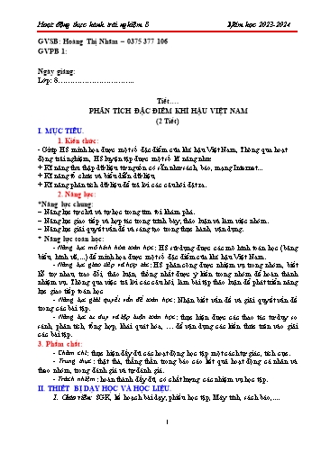 Giáo án HĐTNTN Toán 8 Sách KNTT - Bài: Phân tích đặc điểm khí hậu Việt Nam (2 tiết) - Năm học 2023-2024 - Hoàng Thị Nhâm