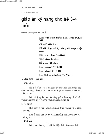 Giáo án kỹ năng Mầm non Lớp Mầm - Chủ đề: Gia đình - Đề tài: Dạy trẻ kỹ năng khi được nhận quà - Năm học 2023-2024 - Ngô Thị May