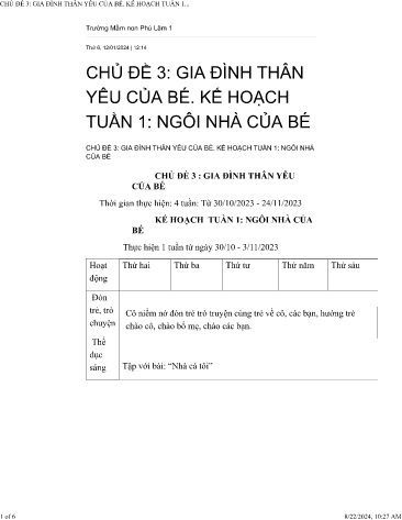 Kế hoạch giáo dục Mầm non Lớp Nhà trẻ - Chủ đề 3: Gia đình thân yêu của bé - Tuần 1: Ngôi nhà của bé - Năm học 2023-2024 - Ngô Thị Bích