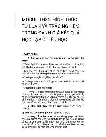 Tài liệu bồi dưỡng thường xuyên - Module TH26: Hình thức tự luận và trắc nghiệm trong đánh giá kết quả học tập ở tiểu học