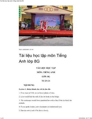 Tài liệu ôn tập môn Tiếng Anh Lớp 8 - Tuần 21 - Năm học 2020-2021 - Trường THCS Lạc Vệ