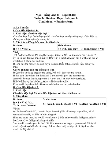 Tài liệu ôn tập Tiếng Anh 8 - Tuần 34: Review: Reported speech. Conditional + Passive form