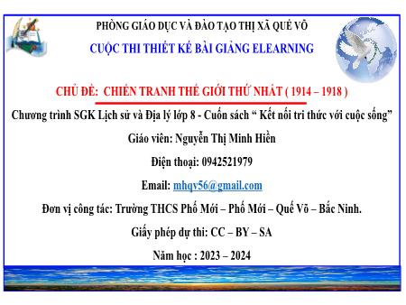 Bài giảng Lịch sử và Địa lí Lớp 8 KNTT - Bài 12: Chiến tranh thế giới thứ nhất (1914-1918) và cách mạng tháng Mười Nga năm 1917 - Năm học 2023-2024 - Nguyễn Thị Minh Hiền