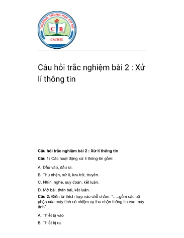Câu hỏi trắc nghiệm ôn tập kiến thức môn Tin học Lớp 6 KNTT - Bài 2: Xử lí thông tin - Trường THCS Cách Bi
