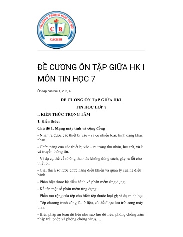 Đề cương ôn tập giữa học kì I môn Tin học Lớp 7 KNTT - Nguyễn Thị Toàn