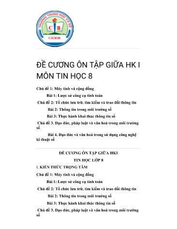 Đề cương ôn tập giữa học kì I môn Tin học Lớp 8 KNTT - Nguyễn Thị Toàn