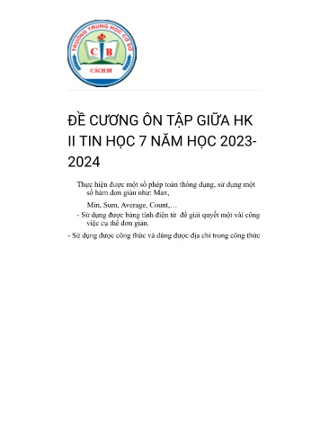 Đề cương ôn tập giữa học kì II môn Tin học Lớp 7 KNTT - Năm học 2023-2024 - TrườngTHCS Cách Bi