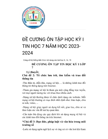 Đề cương ôn tập học kỳ I môn Tin học Lớp 7 KNTT - Năm học 2023-2024 - TrườngTHCS Cách Bi