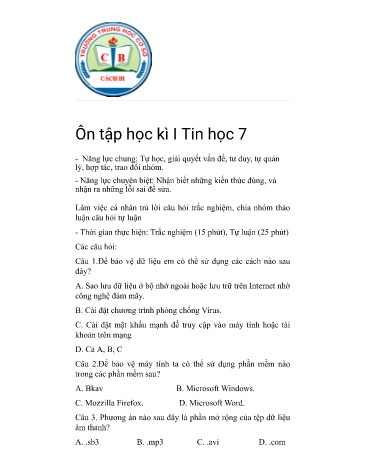 Đề cương ôn tập kì I môn Tin học Lớp 7 KNTT - Nguyễn Thị Toàn