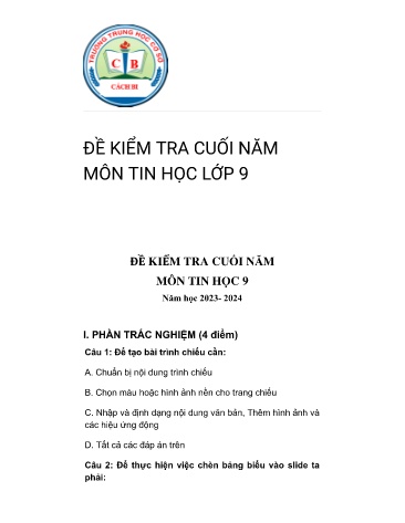 Đề kiểm tra cuối năm môn Tin học Lớp 9 - Năm học 2023-2024 - TrườngTHCS Cách Bi