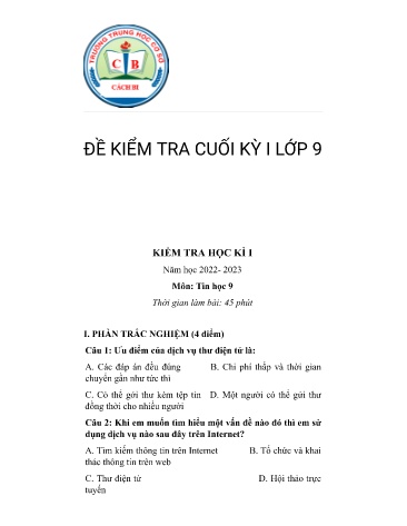 Đề kiểm tra học kì I môn Tin học Lớp 9 - Năm học 2022-2023 - Trường THCS Cách Bi