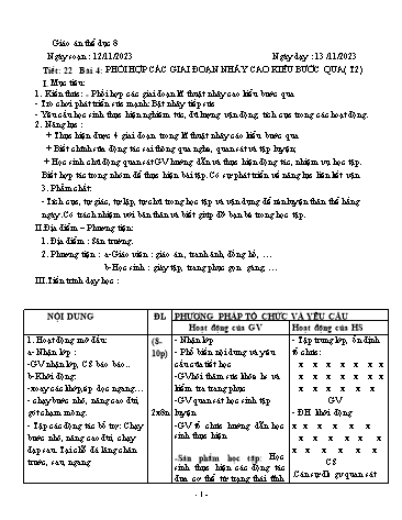 Giáo án Thể dục 8 - Tiết 22, Bài 4: Phối hợp các giai đoạn nhảy cao kiểu bước qua (Tiết 2)- Năm học 2023-2024
