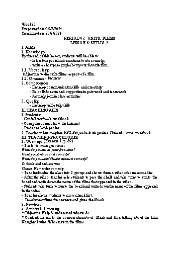 Kế hoạch bài dạy Tiếng Anh 7 - Period 67+68, Unit 8: Films. Lesson 6+7 - Năm học 2023-2024