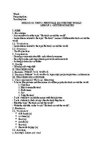 Kế hoạch bài dạy Tiếng Anh 7 - Period 69+70, Unit 9: Festivals around the world. Lesson 1+2