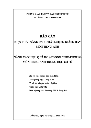 Sáng kiến kinh nghiệm Nâng cao hiệu quả hoạt động nhóm trong môn Tiếng Anh THCS Sáng kiến kinh nghiệm Nâng cao hiệu quả hoạt động nhóm trong môn Tiếng Anh THCS