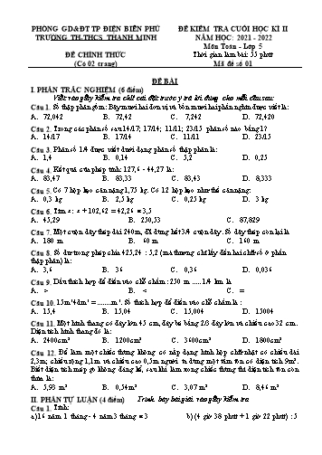 3 Đề kiểm tra cuối học kì II môn Toán 5 - Năm học 2021-2022 - Trường Tiểu học và Trung học cơ sở Thanh Minh (Có đáp án)