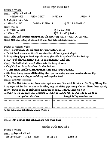 4 Đề ôn tập cuối kì 2 môn Toán + Tiếng Việt 3
