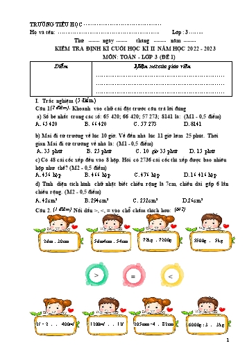 5 Đề kiểm tra cuối học kì II môn Toán Lớp 3 - Năm học 2022-2023
